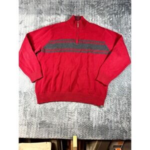 Eddie Bauer Sweater Mens 2XL Red Striped Rib Knit Cotton Mock Neck Quarter Zip